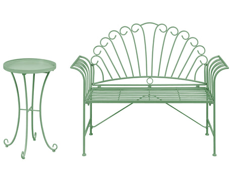 Outdoor Bench Set Green Metal 2 Seater Flared Armrests with Table Vintage Style Beliani