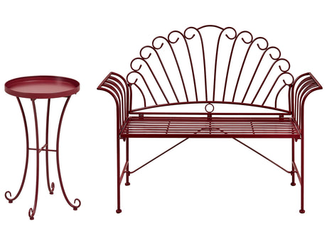 Outdoor Bench Set Burgundy Metal 2 Seater Flared Armrests with Table Vintage Style Beliani