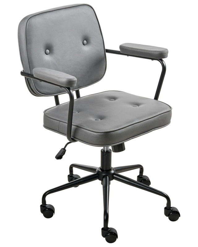 Office Chair Grey Velvet Swivel Adjustable Height with Armrests Home Office Study Traditional Beliani