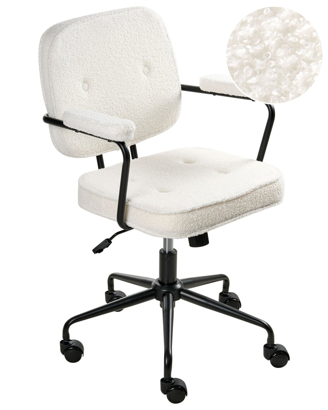Office Chair Off-White Boucle Swivel Adjustable Height with Armrests Home Office Study Traditional Beliani