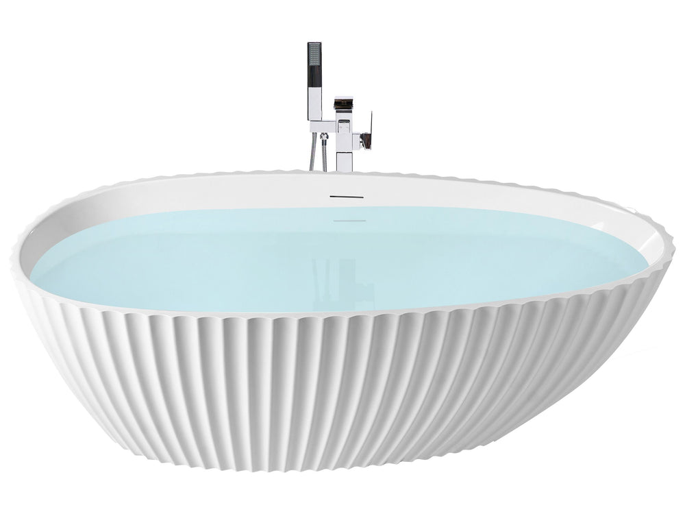 Freestanding Bath White Acrylic 170 x 78 cm Oval Fluted Finish Gloss Modern Style Bathroom Beliani