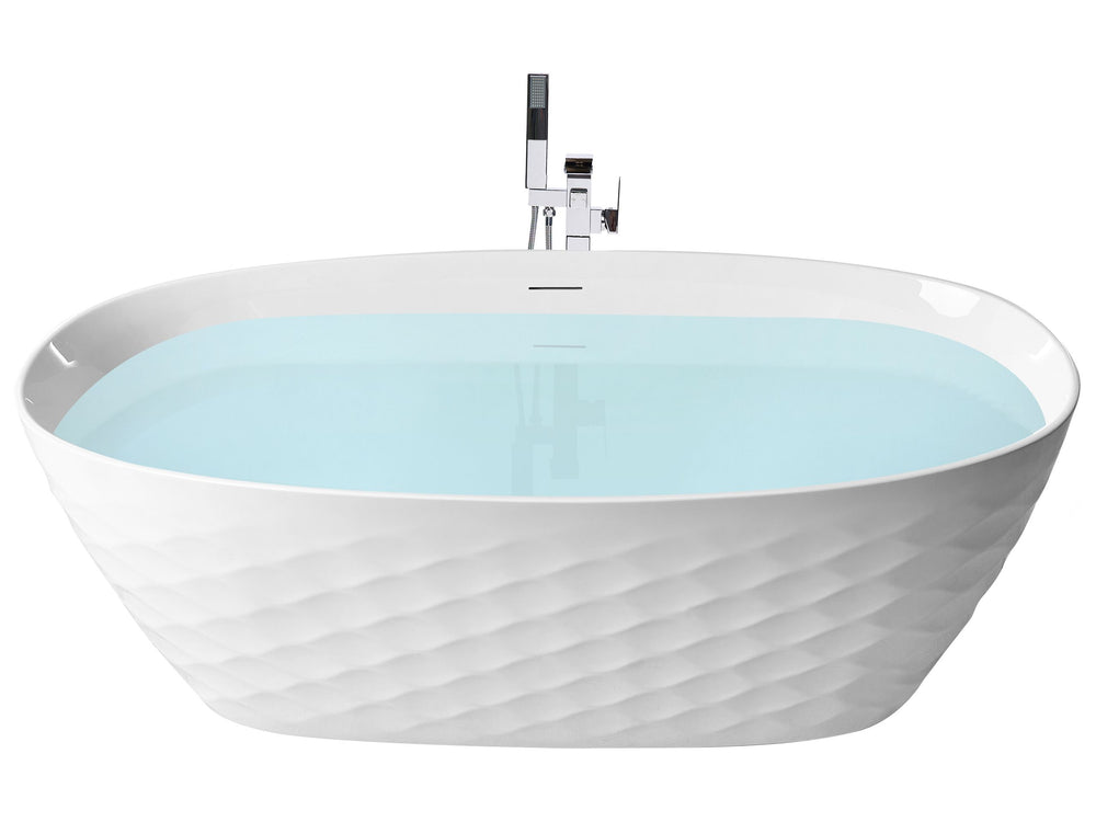 Freestanding Bath White Acrylic 170 x 80 cm Oval Gloss Finish Diamond Pattern Modern Style Bathroom Beliani