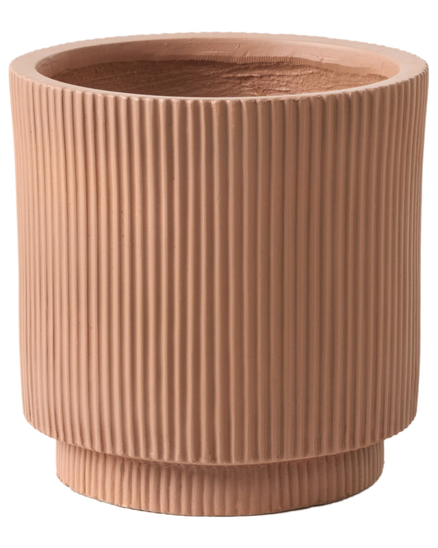 Flower Planter Taupe Fibre Clay Garden Plant Pot 30 x 30 x 30 cm Drainage Hole Vertical Rib Finish Outdoor Patio Garden Beliani