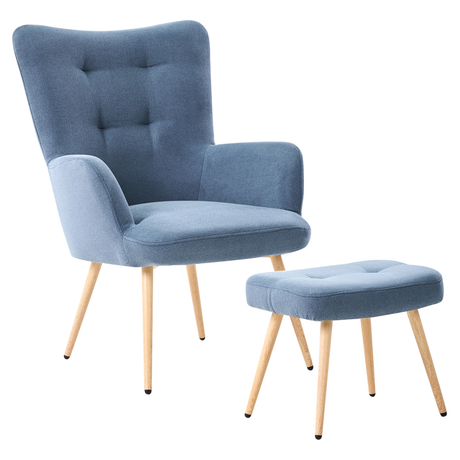 Wingback Chair with Ottoman Blue Velvet Fabric Buttoned Retro Style Beliani