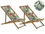 Set of 2 Garden Deck Chairs Light Acacia Wood Frame Toucan Pattern Replacement Fabric Hammock Seat Reclining Folding Sun Lounger Beliani