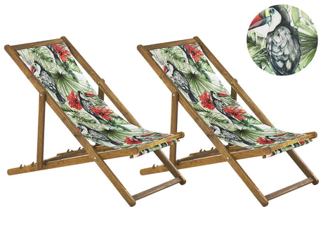 Set of 2 Garden Deck Chairs Light Acacia Wood Frame Toucan Pattern Replacement Fabric Hammock Seat Reclining Folding Sun Lounger Beliani