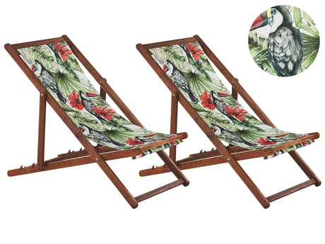 Set of 2 Garden Deck Chairs Dark Acacia Wood Frame Toucan Pattern Replacement Fabric Hammock Seat Reclining Folding Sun Lounger Beliani