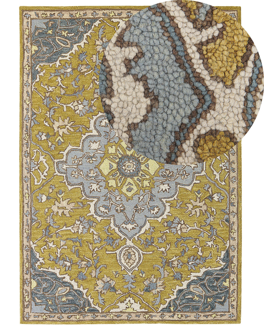 Area Rug Yellow and Blue Wool 160 x 230 cm Oriental Vintage Living Room Bedroom Beliani
