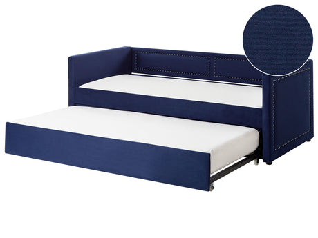 Trundle Bed Blue Fabric Upholstery EU Single Size Guest Underbed Nailhead Trim  Beliani