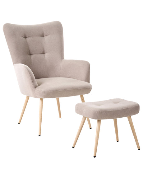 Wingback Chair with Ottoman Baige Fabric Buttoned Solid Pattern Retro Style Beliani