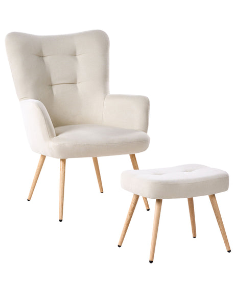 Wingback Chair with Ottoman Light Beige Fabric Buttoned Solid Pattern Retro Style Beliani