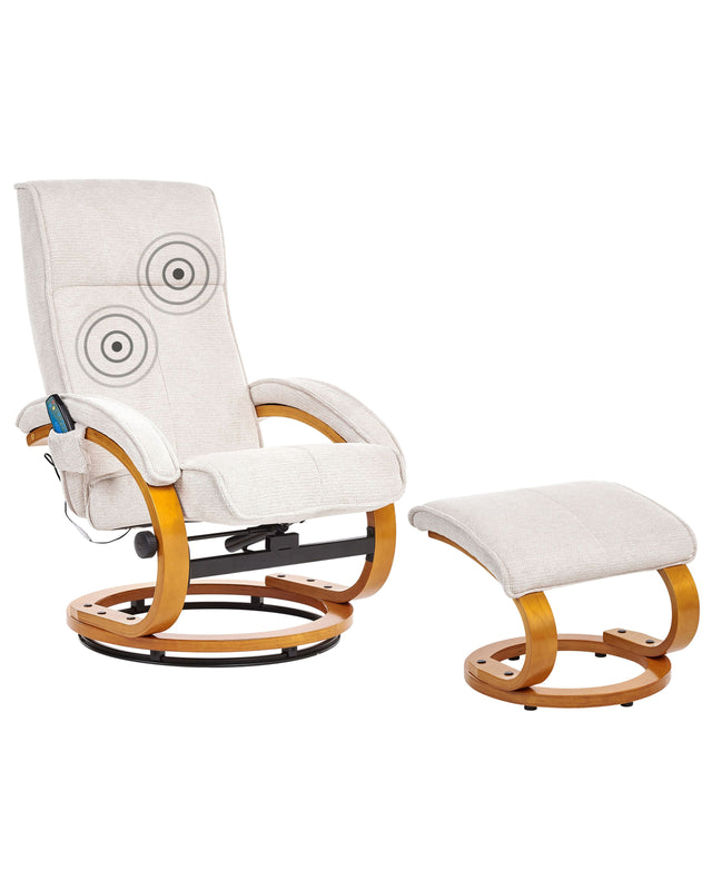 Recliner Armchair Light Beige with Footstool Polyester Fabric Upholstered Wooden Frame Heating Massage Function Retro Design Beliani