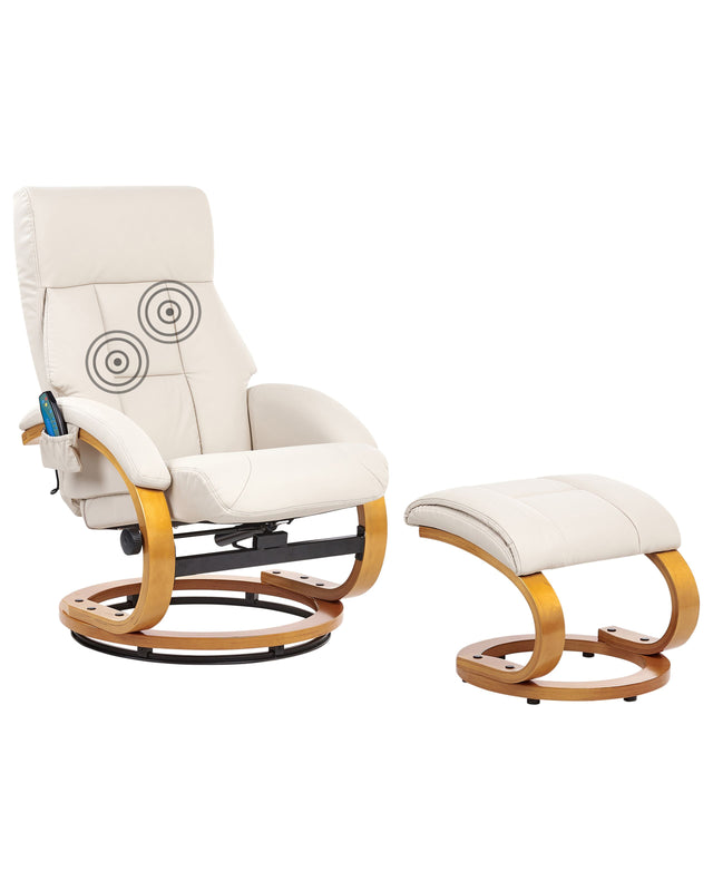 Recliner Armchair Light Beige with Footstool Faux Leather Upholstered Heated Massage Wooden Frame Adjustable Back Retro Design Beliani