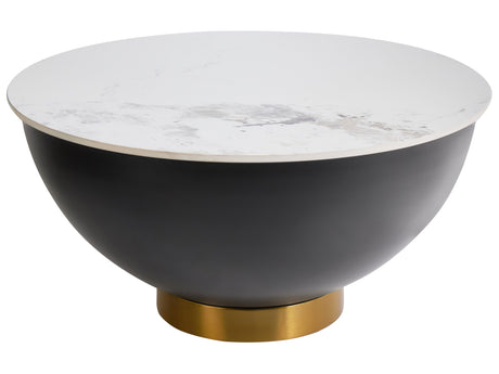 Coffee Table White Sintered Stone Top Black Metal Base ø 74 cm Natural Look Gold Accent with Storage Modern Design Living Room Beliani
