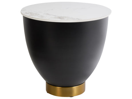 Side Table White Sintered Stone Top Black Metal Base ø 48 cm Natural Look Gold Accent with Storage Modern Design Living Room Beliani