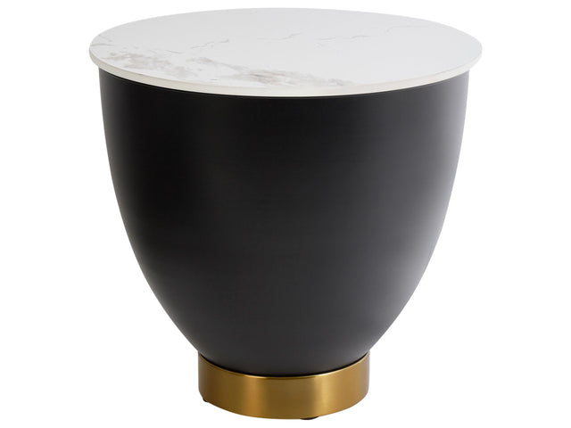 Side Table White Sintered Stone Top Black Metal Base ø 48 cm Natural Look Gold Accent with Storage Modern Design Living Room Beliani