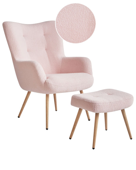 Wingback Chair with Ottoman Pink Boucle Fabric Buttoned Solid Pattern Retro Style Living Room Beliani