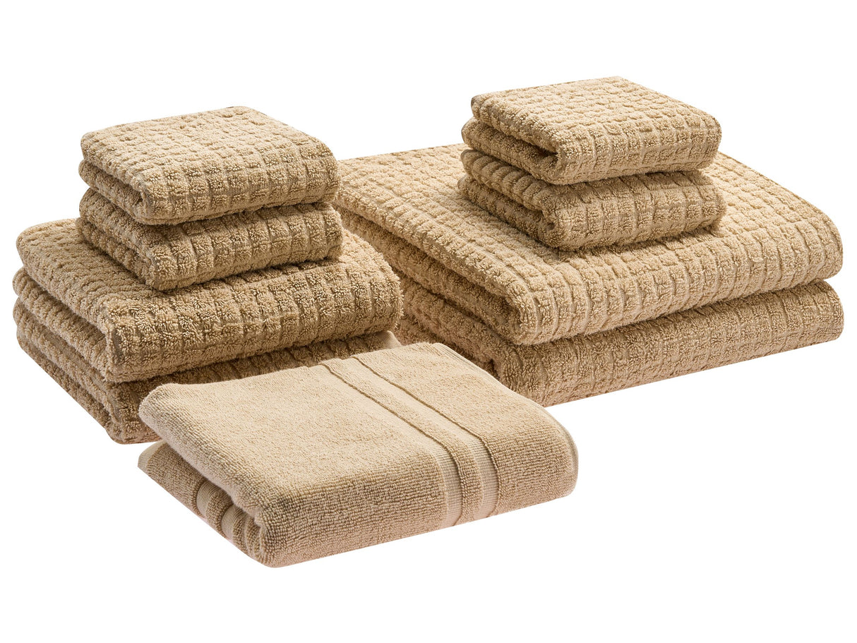 Set of 9 Towels Sand Beige Cotton Low Twist Guest Hand Bath Towels and Bath Mat Beliani
