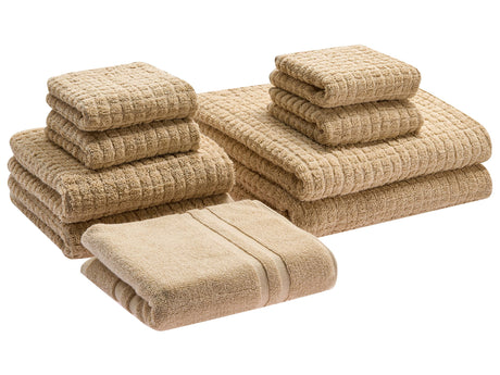 Set of 9 Towels Sand Beige Cotton Low Twist Guest Hand Bath Towels and Bath Mat Beliani