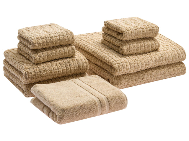 Set of 9 Towels Sand Beige Cotton Low Twist Guest Hand Bath Towels and Bath Mat Beliani