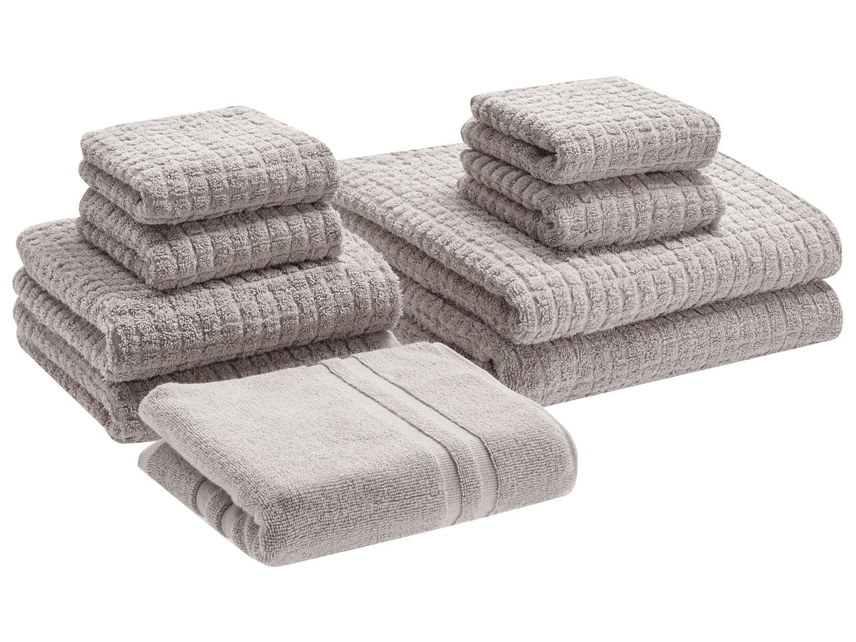 Set of 9 Towels Light Grey Cotton Low Twist Guest Hand Bath Towels and Bath Mat Beliani
