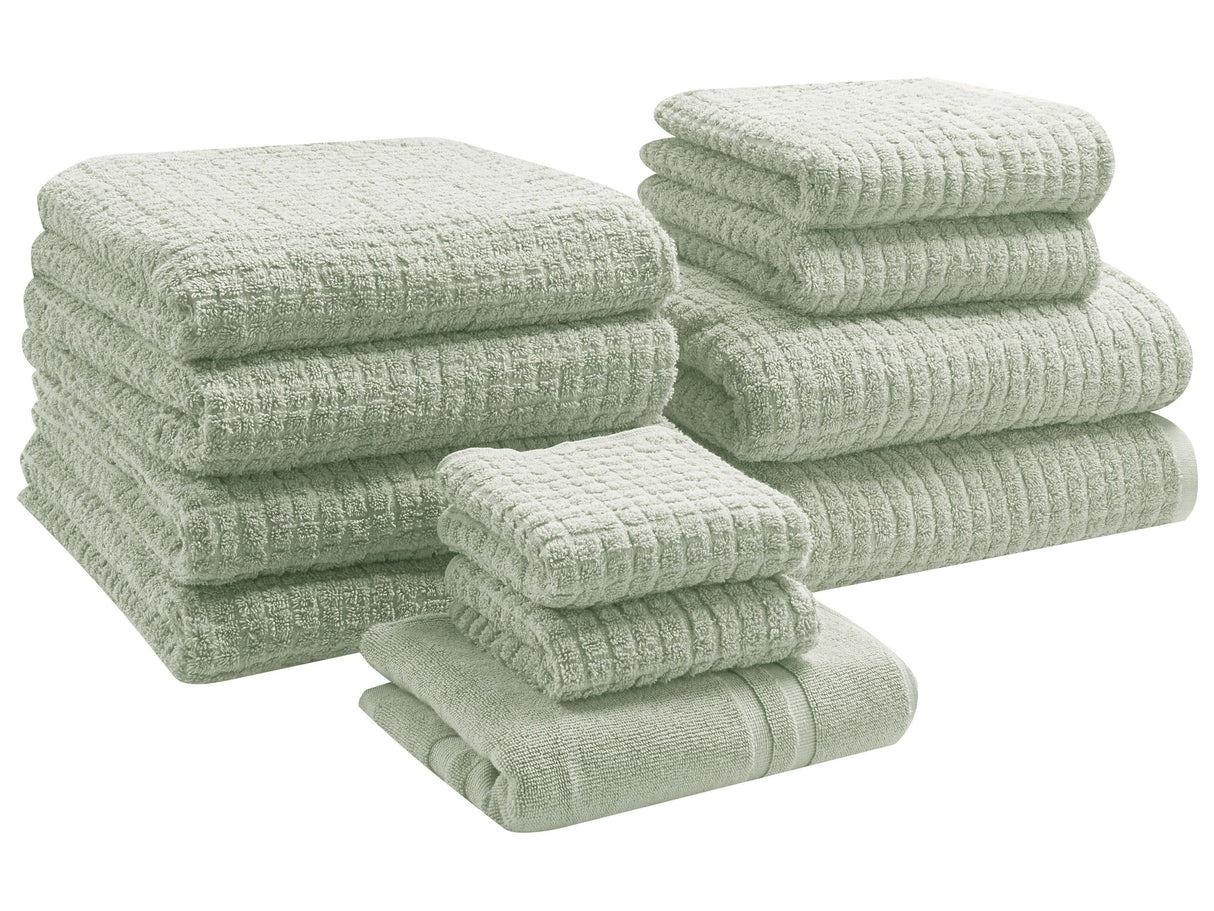 Set of 11 Towels Light Green Cotton Low Twist Guest Hand Bath Towel Bath Sheet and Bath Mat Beliani