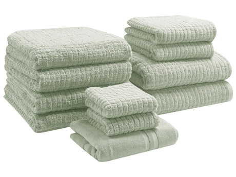 Set of 11 Towels Light Green Cotton Low Twist Guest Hand Bath Towel Bath Sheet and Bath Mat Beliani