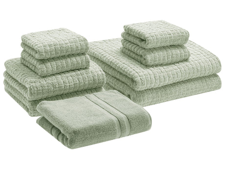 Set of 9 Towels Light Green Cotton Low Twist Guest Hand Bath Towels and Bath Mat Beliani