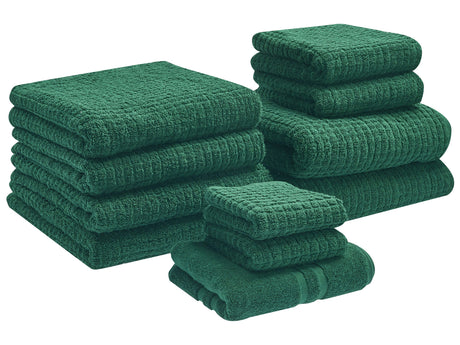 Set of 11 Towels Green  Cotton Low Twist Guest Hand Bath Towel Bath Sheet and Bath Mat Beliani