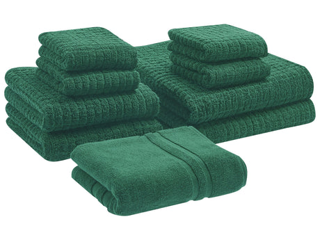 Set of 9 Towels Green Cotton Low Twist Guest Hand Bath Towels and Bath Mat Beliani
