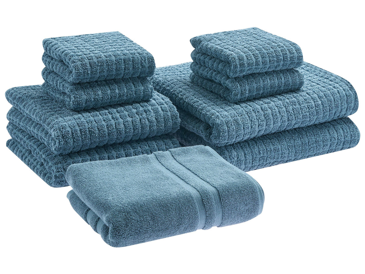 Set of 9 Towels Blue Cotton Low Twist Guest Hand Bath Towels and Bath Mat Beliani