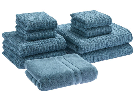 Set of 9 Towels Blue Cotton Low Twist Guest Hand Bath Towels and Bath Mat Beliani