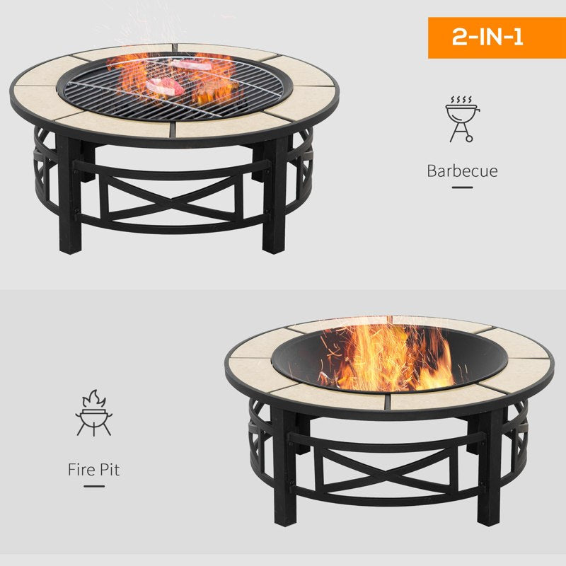 Outsunny 2-in-1 Φ84cm Metal Large Fire Pit, Outdoor Firepit Bowl with Grill, Spark Screen Cover, Fire Poker for BBQ, Garden, Bonfire, Patio, Black