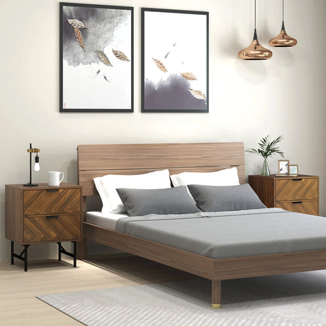HOMCOM Bedside Table Set of 2 with 2 Drawers, Modern Side Tables with Herringbone Pattern and Metal Legs for Bedroom, Living Room, Walnut Brown