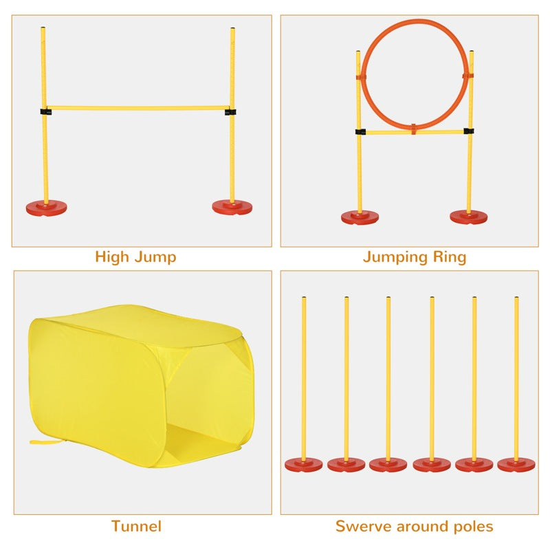 Pawhut Dog Agility Equipment Portable Pet Training Obstacle Set for Dogs 5 Pieces w/ Adjustable High Jumping Pole, Jumping Ring, Weave Poles, Tunnel