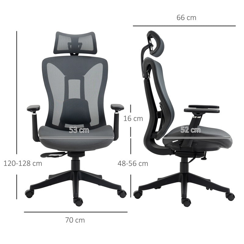 Vinsetto Mesh Office Chair, Ergonomic Desk Chair, Computer Chair with Adjustable Headrest and Lumbar Support, 135 Reclining Back and 3D Armrest for Home Office Study, Grey
