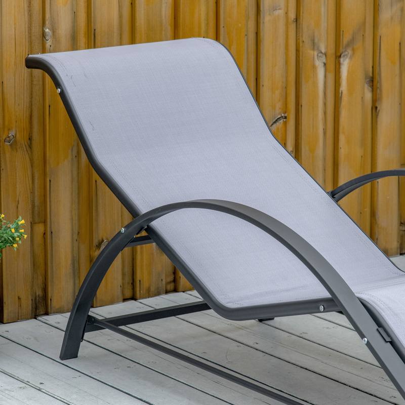 Outsunny 3 Pieces Lounge Chair Set Metal Frame Garden Outdoor Recliner Sunbathing Chair with Table, Light Grey