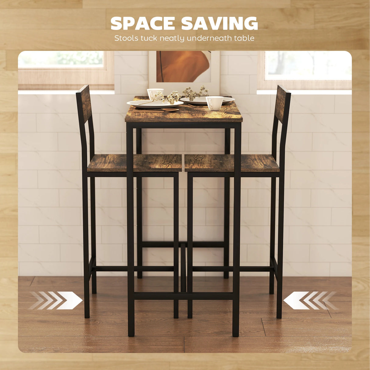 HOMCOM 3-Piece Bar Table Set with 2 Stools, Industrial Breakfast Bar Set with Footrest, Backrest for Dining Room, Small Space