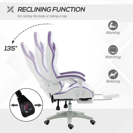 Vinsetto Computer Gaming Chair, PU Leather Office Desk Chair with Footrest, Swivel Wheels, 135 Reclining Back, Lumbar Support, Headrest for Home, White and Purple