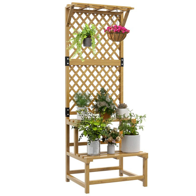 Outsunny Wooden Plant Stand, with Trellis - Natural Finish