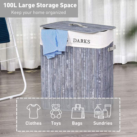 HOMCOM 100L Collapsible Natural Wood  Laundry Hamper Organizer Clothes Washing Basket Bin Storage Box w/Lid Removable Lining 52x32x63cm, Grey