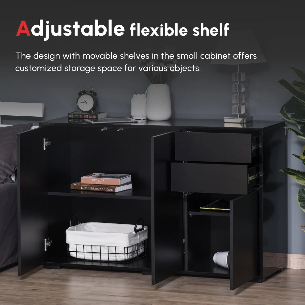 HOMCOM High Gloss Side Cabinet, Push-Open Design with 2 Drawers and 2 Cabinets for Living Room, 74H x 117W x 36Dcm, Black