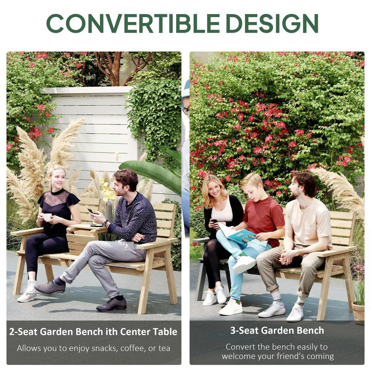 Outsunny Fir Wood Convertible 2 to 3 Seater Outdoor Garden Bench, Natural Wood Finish