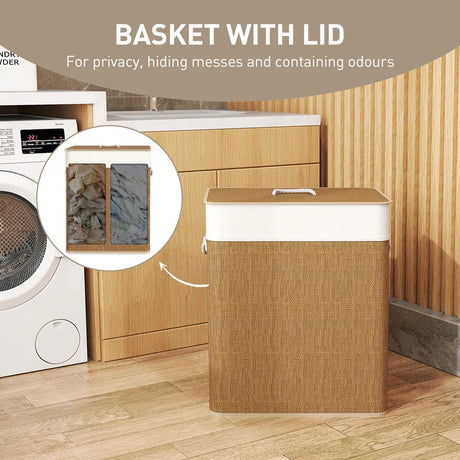 HOMCOM Double Laundry Basket with Lid, 100L Bamboo Laundry Hamper with Rope Handles, Washing Basket with Removable Liner for Bathroom, Bedroom, Brown
