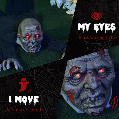 HOMCOM 5.2ft Life Size Outdoor Halloween Decoration Crawling Zombie, Animated Prop Decor with Sound and Motion Activated, Light Up Eyes, Howling Sound, Posable Arms