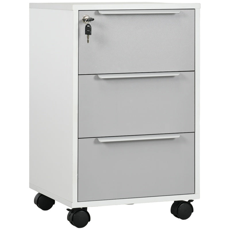 HOMCOM 3-Drawer Lockable Filing Cabinet, File Cabinet on Wheels, Mobile Office Storage Drawers for Home Office, Bedroom and Living room, White and Grey