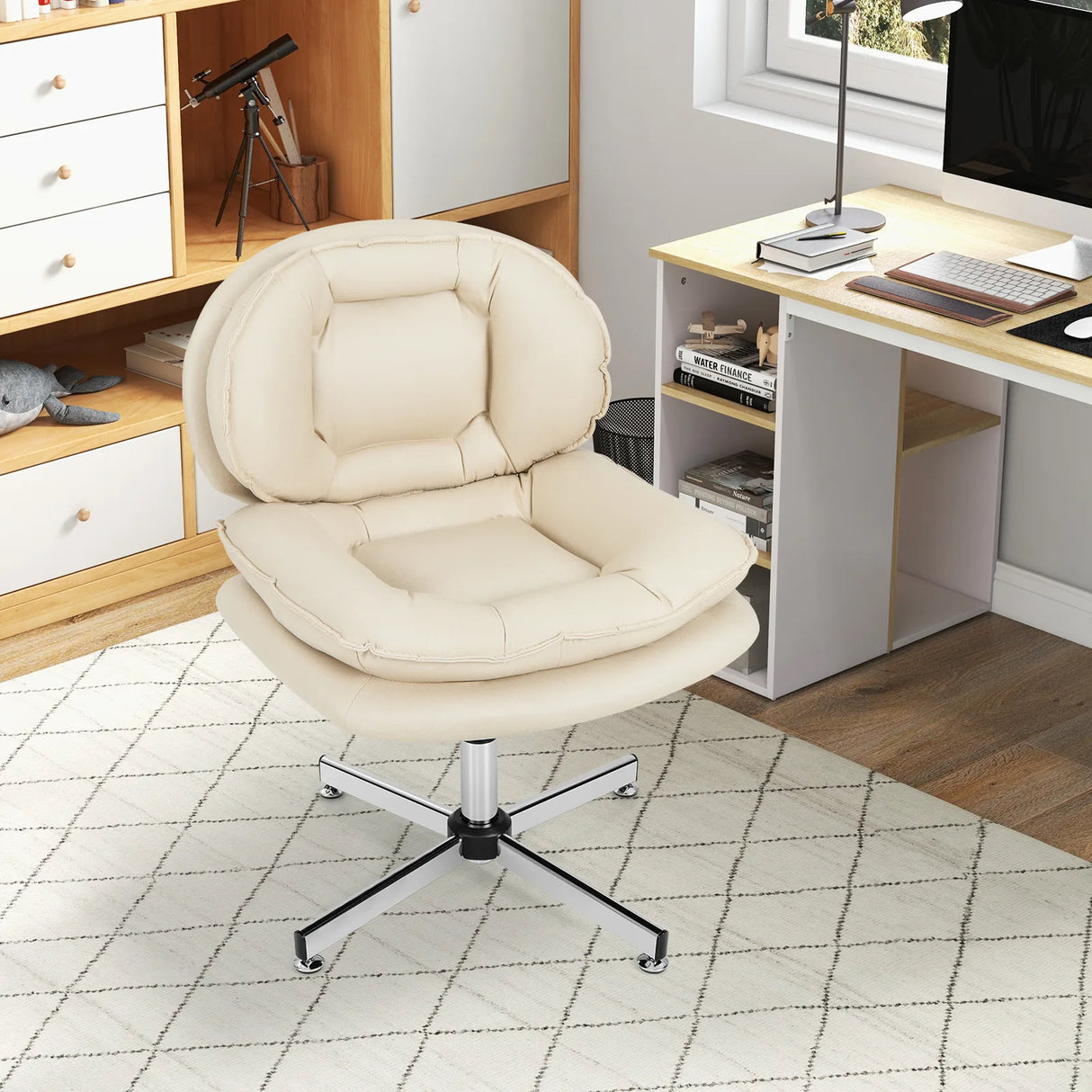 Upholstered Home Office Desk Chair with Double Padded Back and Seat-Beige