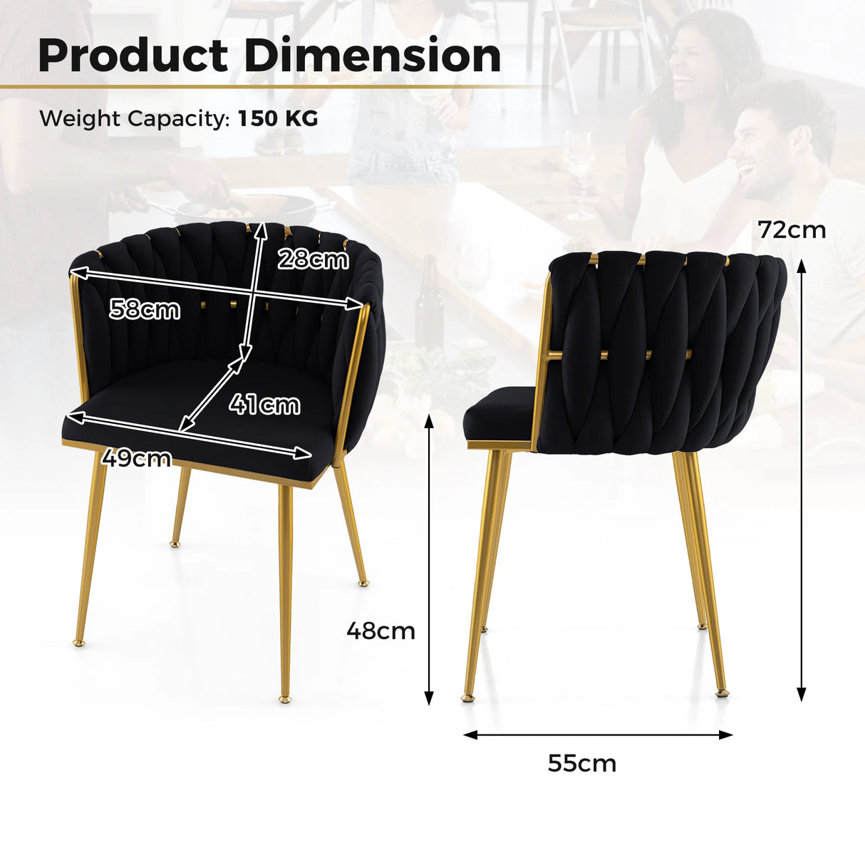 Set of 2 Upholstered Dining Chair w/ Curved Backrest and Metal Tubes-Black
