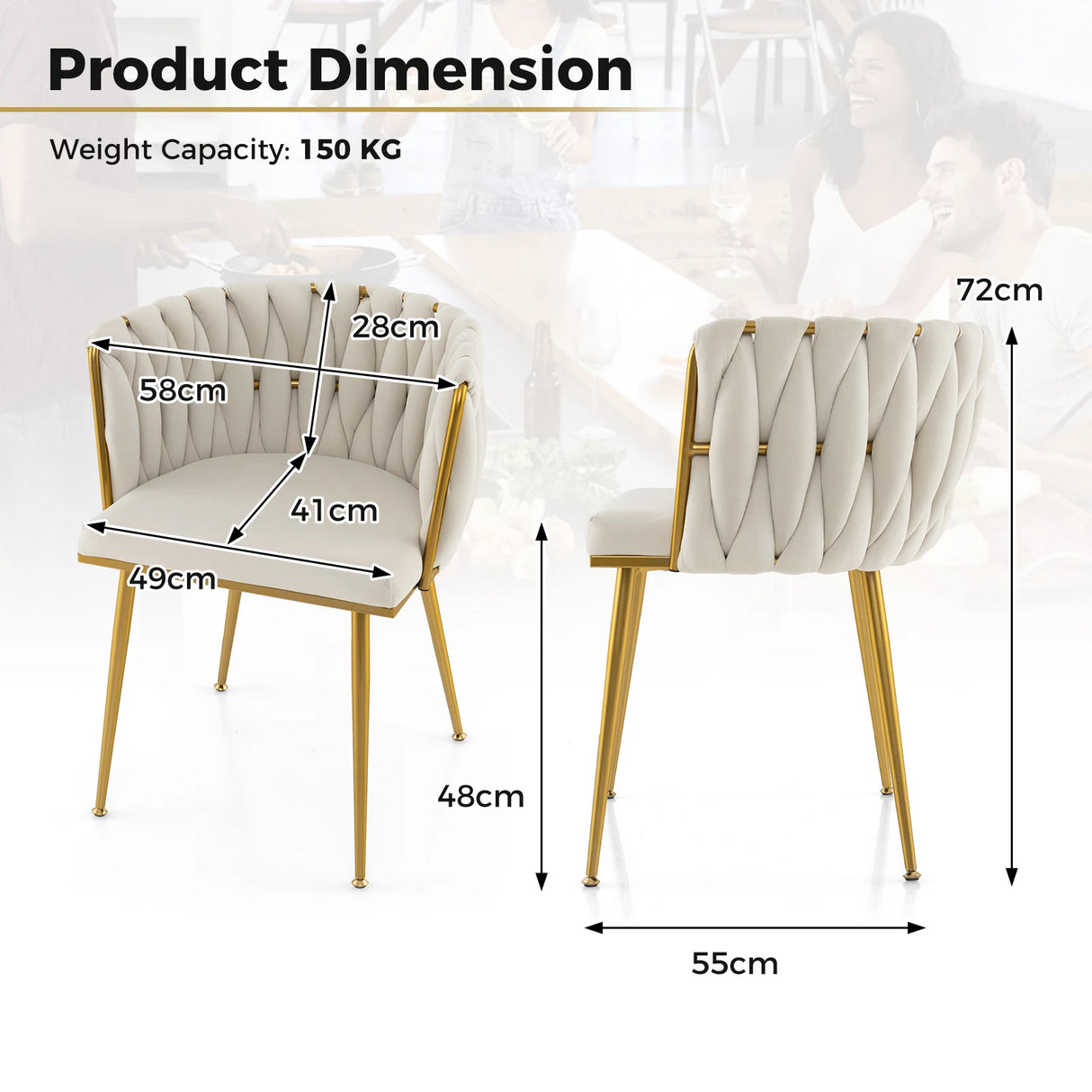 Set of 2 Upholstered Dining Chair w/ Curved Backrest and Metal Tubes-White