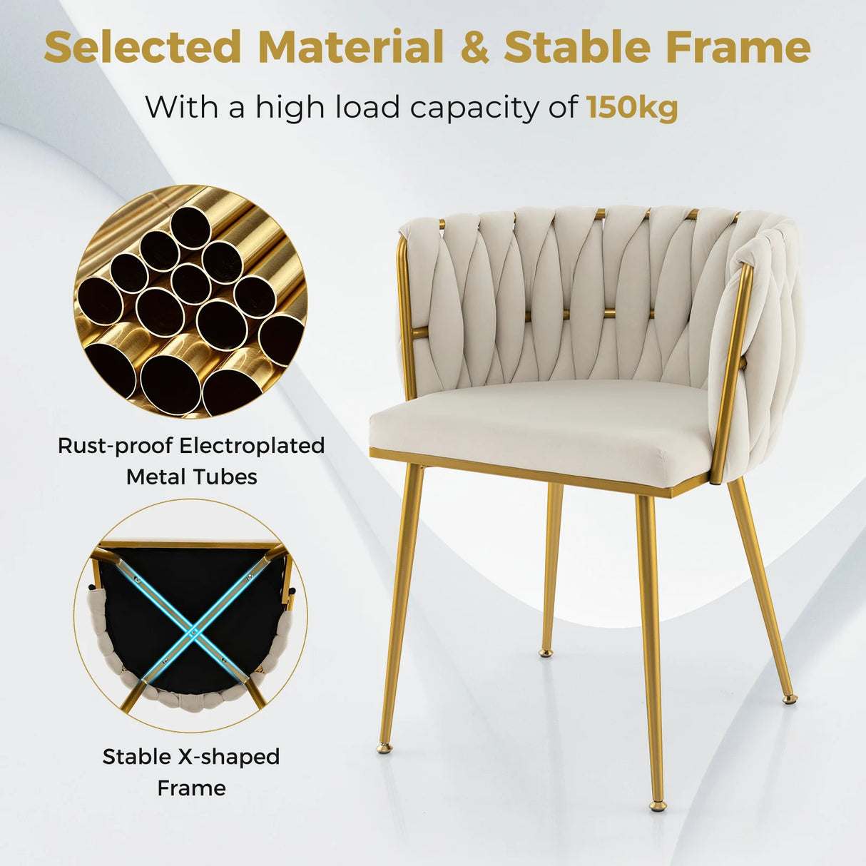 Set of 2 Upholstered Dining Chair w/ Curved Backrest and Metal Tubes-White